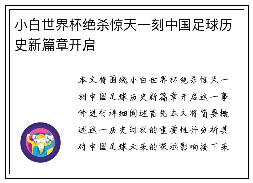小白世界杯绝杀惊天一刻中国足球历史新篇章开启