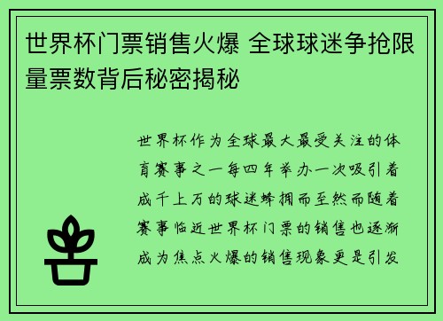 世界杯门票销售火爆 全球球迷争抢限量票数背后秘密揭秘